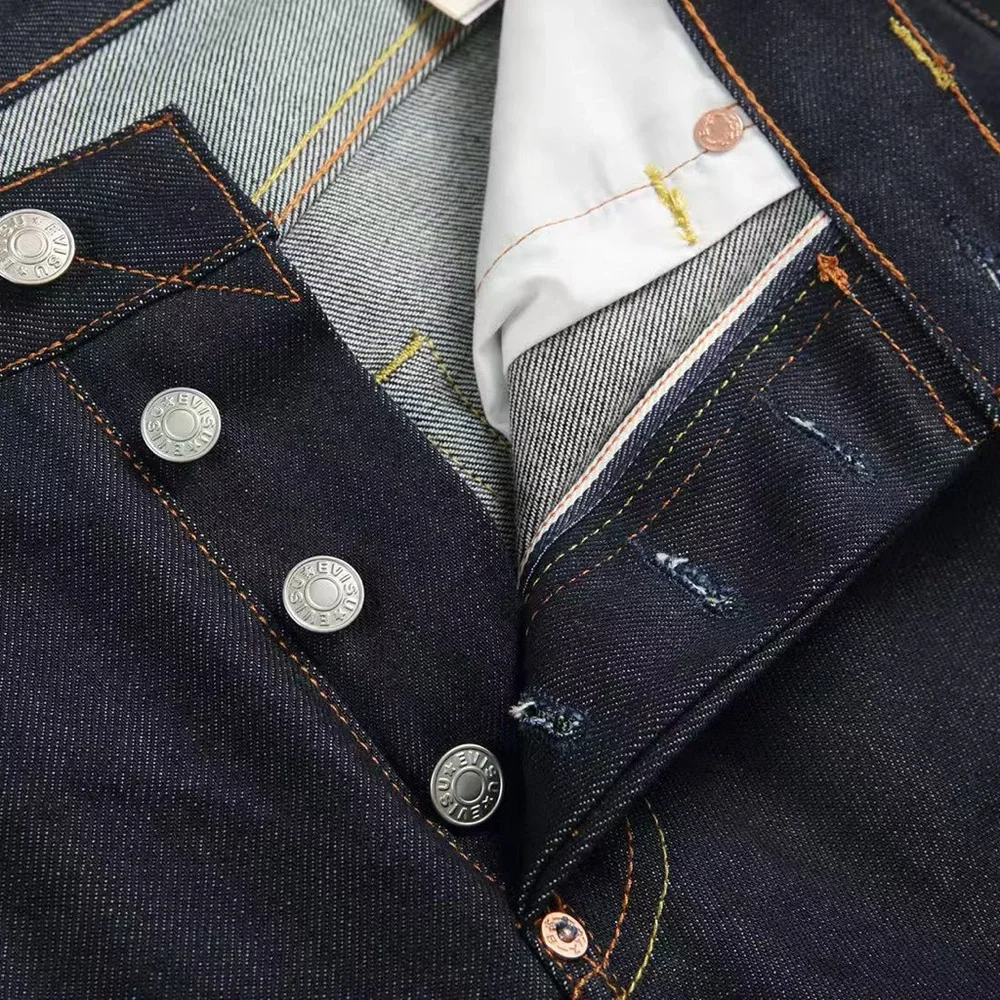 Evisu Dark Blue Straight Jeans with Yellow Patch Accents